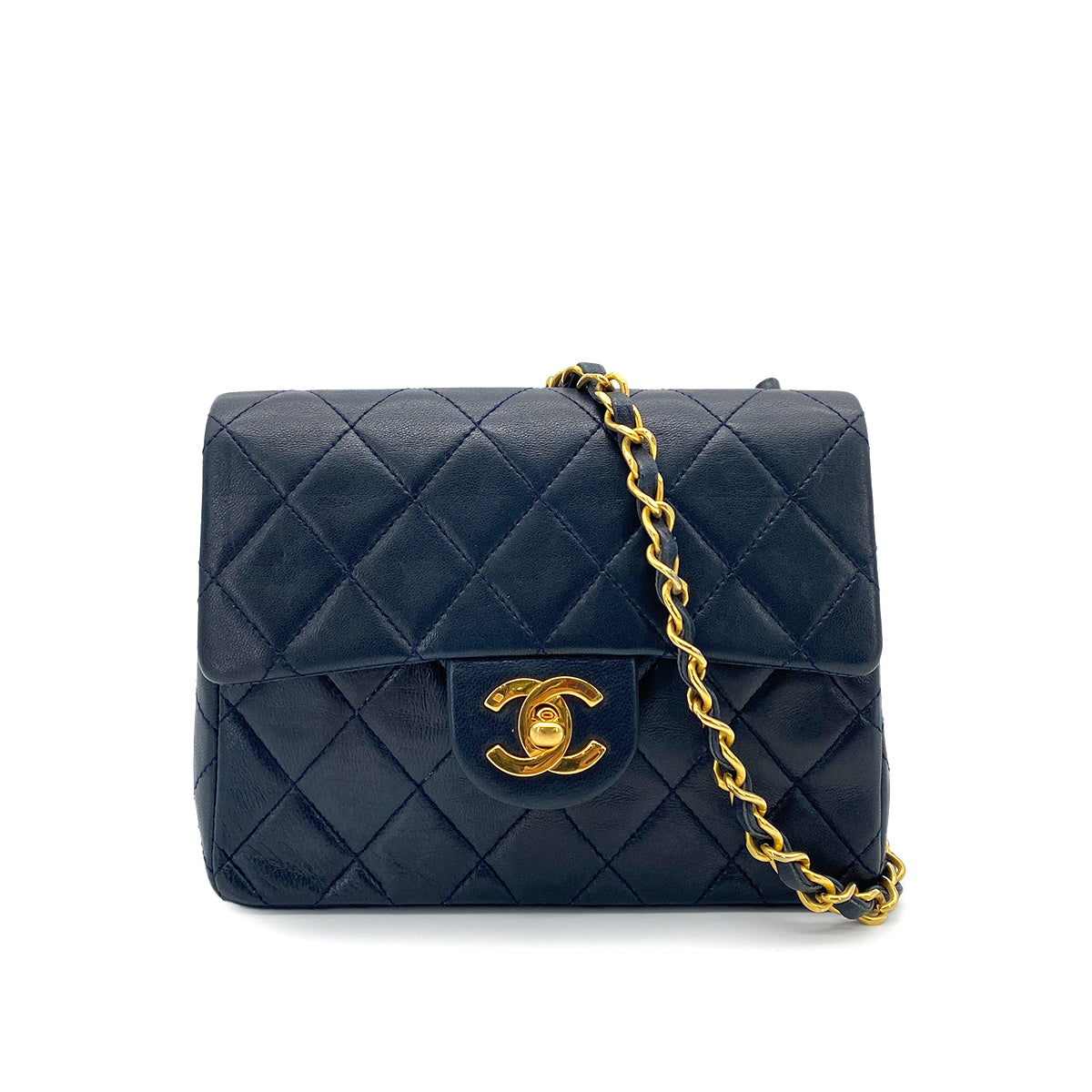 CHANEL VINTAGE MINI SQUARE 17 CHAIN SHOULDER BAG NAVY LAMB SKIN 90263101