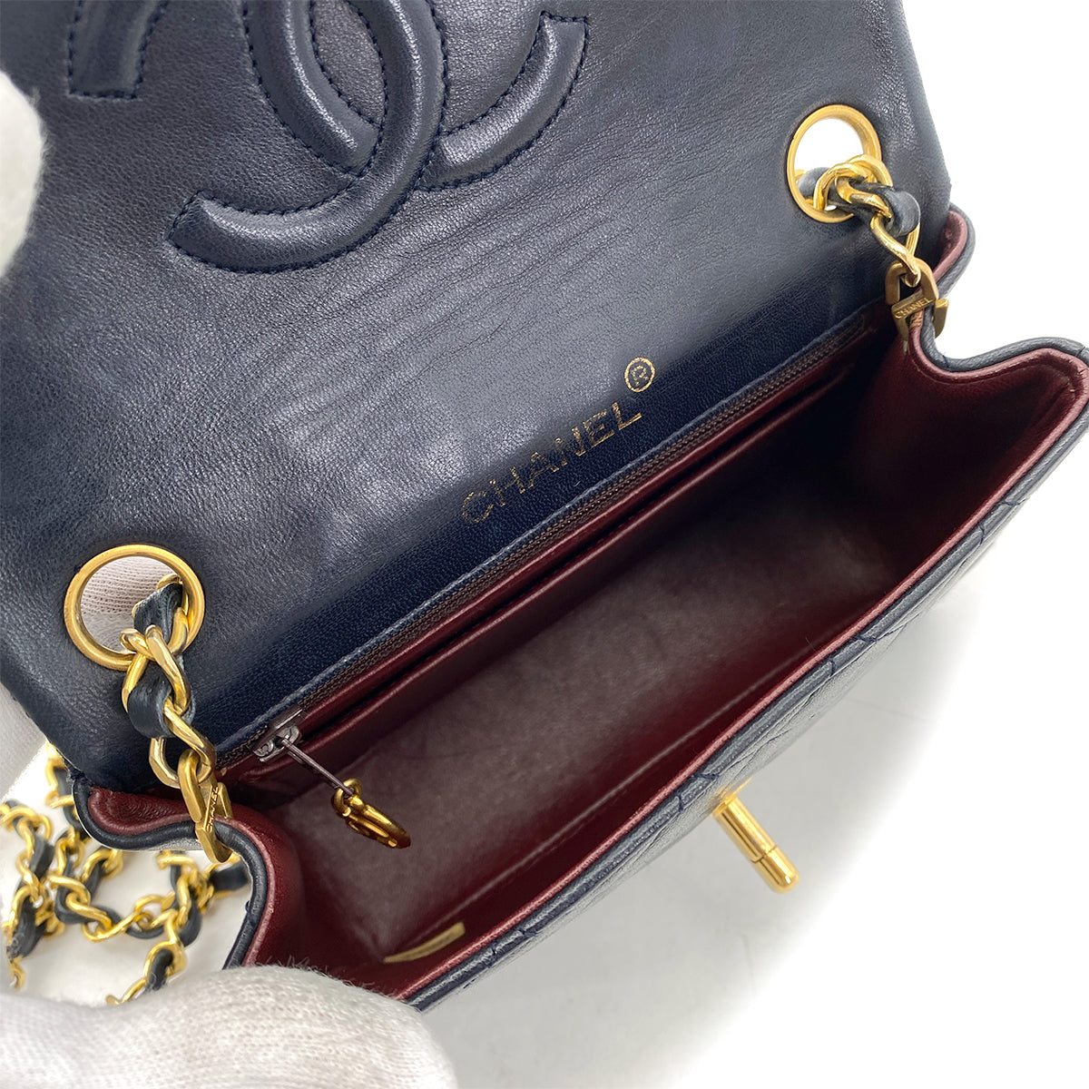 CHANEL VINTAGE MINI SQUARE 17 CHAIN SHOULDER BAG NAVY LAMB SKIN 90263101