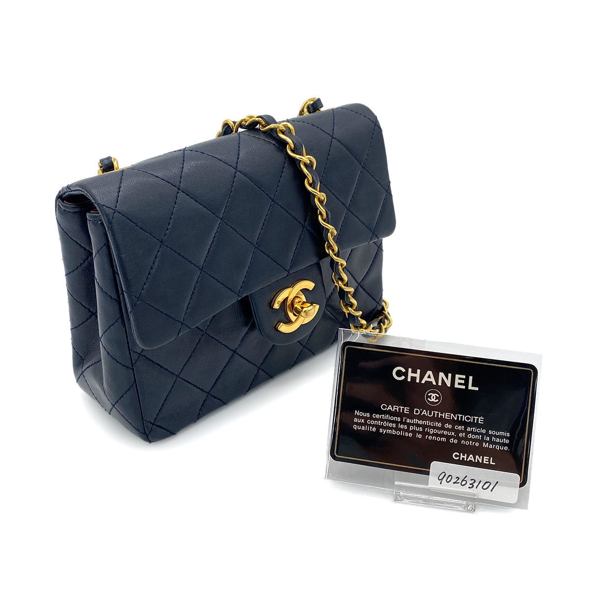 CHANEL VINTAGE MINI SQUARE 17 CHAIN SHOULDER BAG NAVY LAMB SKIN 90263101