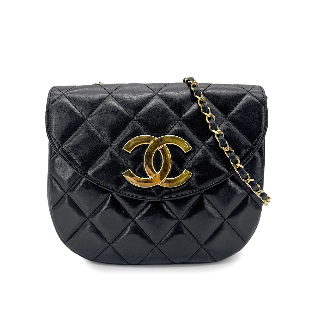 CHANEL VINTAGE MATELASSE BIG COCO CHAIN SHOULDER BAG BLACK LAMB SKIN 90263103