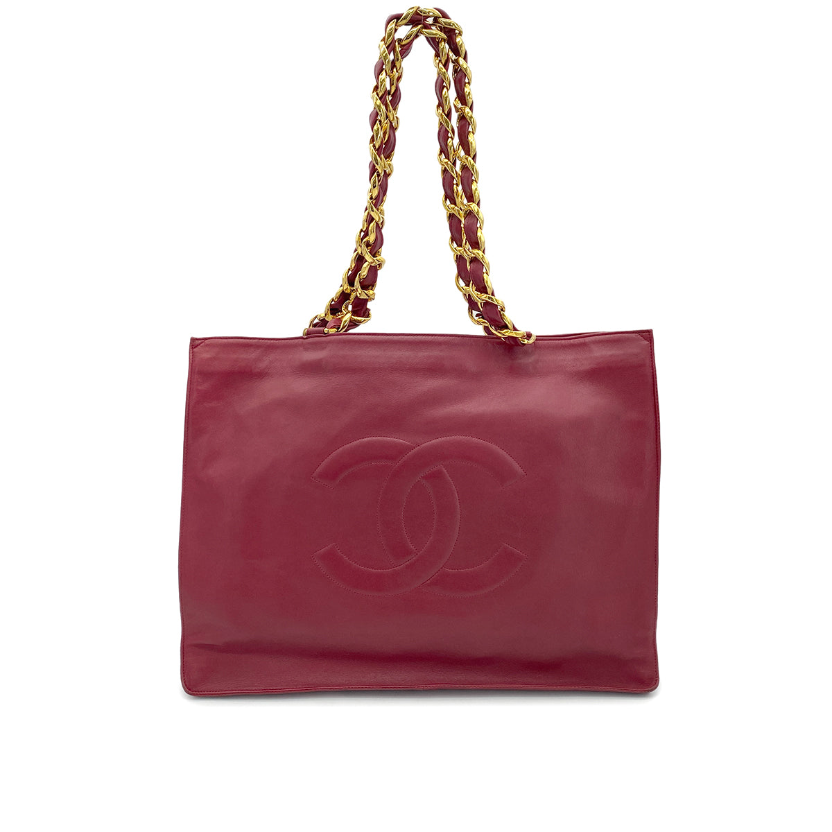 CHANEL VINTAGE BIG COCO CHAIN TOTE BAG RED LAMB SKIN 90263108