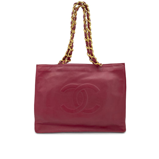 CHANEL VINTAGE BIG COCO CHAIN TOTE BAG RED LAMB SKIN 90263108