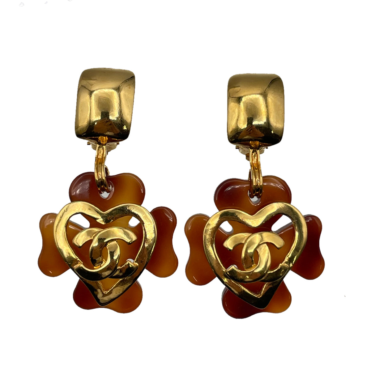 CHANEL VINTAGE EARRINGS TORTOISESHELL CLOVER MOTIF COCOMARK HEART ACCESSORY 95P 90263131