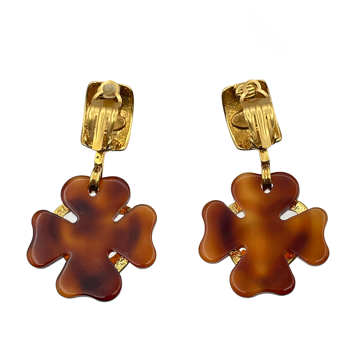 CHANEL VINTAGE EARRINGS TORTOISESHELL CLOVER MOTIF COCOMARK HEART ACCESSORY 95P 90263131