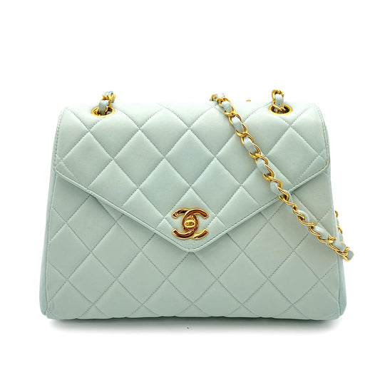 CHANEL VINTAGE MATELASSE CHAIN SHOULDER BAG LIGHT BLUE LAMB SKIN 90263219