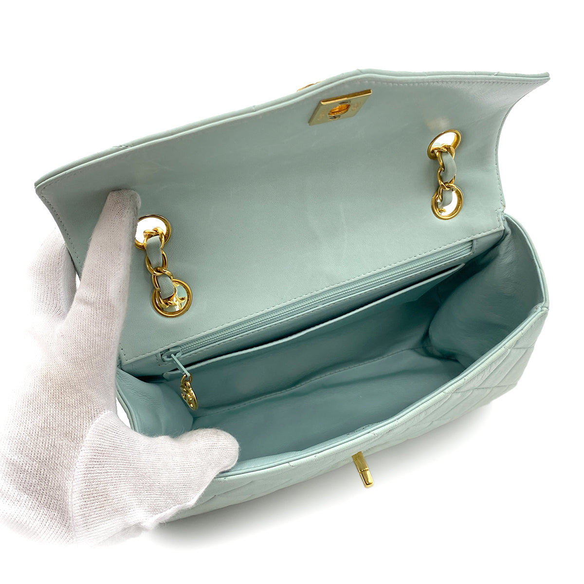 CHANEL VINTAGE MATELASSE CHAIN SHOULDER BAG LIGHT BLUE LAMB SKIN 90263219