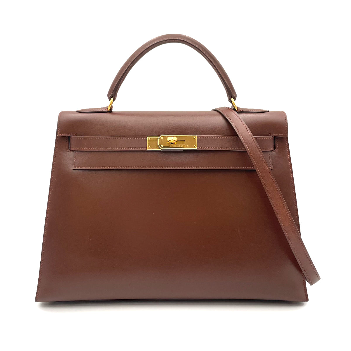HERMES KELLY 32 SELLIER BROWN BOX CALF HAND SHOULDER BAG □B 90263223
