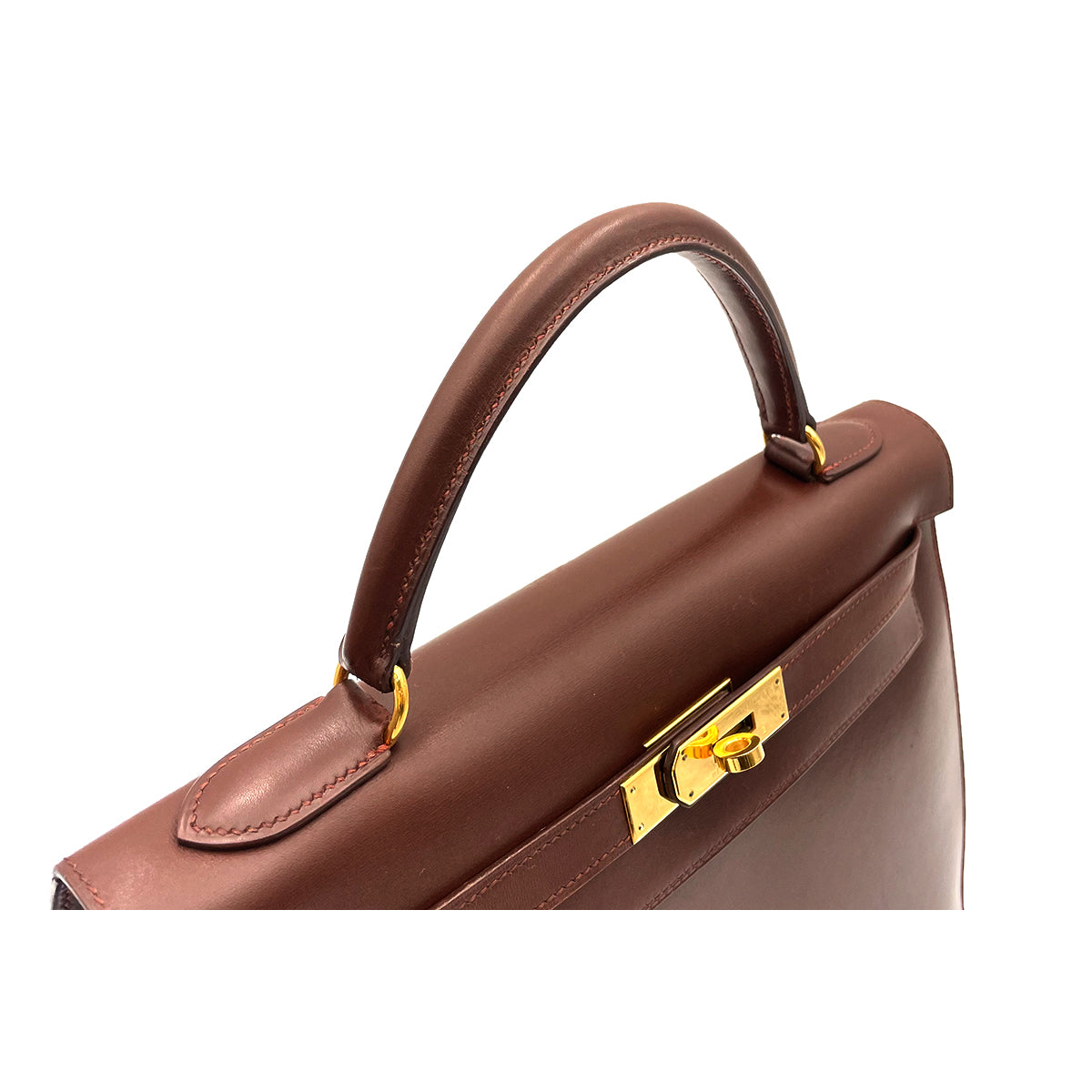 HERMES KELLY 32 SELLIER BROWN BOX CALF HAND SHOULDER BAG □B 90263223