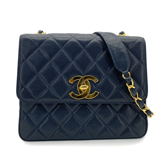 CHANEL VINTAGE MATELASSE SHOULDER BAG NAVY CAVIAR SKIN 90263311