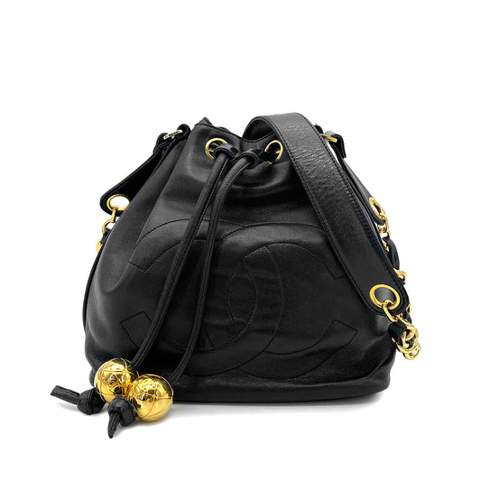 CHANEL VINTAGE DRAWSTRING CHAIN SHOULDER BAG BLACK LAMB SKIN 90263320