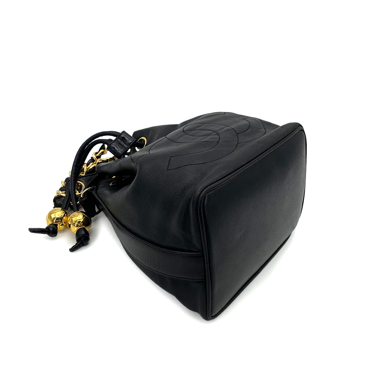 CHANEL VINTAGE DRAWSTRING CHAIN SHOULDER BAG BLACK LAMB SKIN 90263320