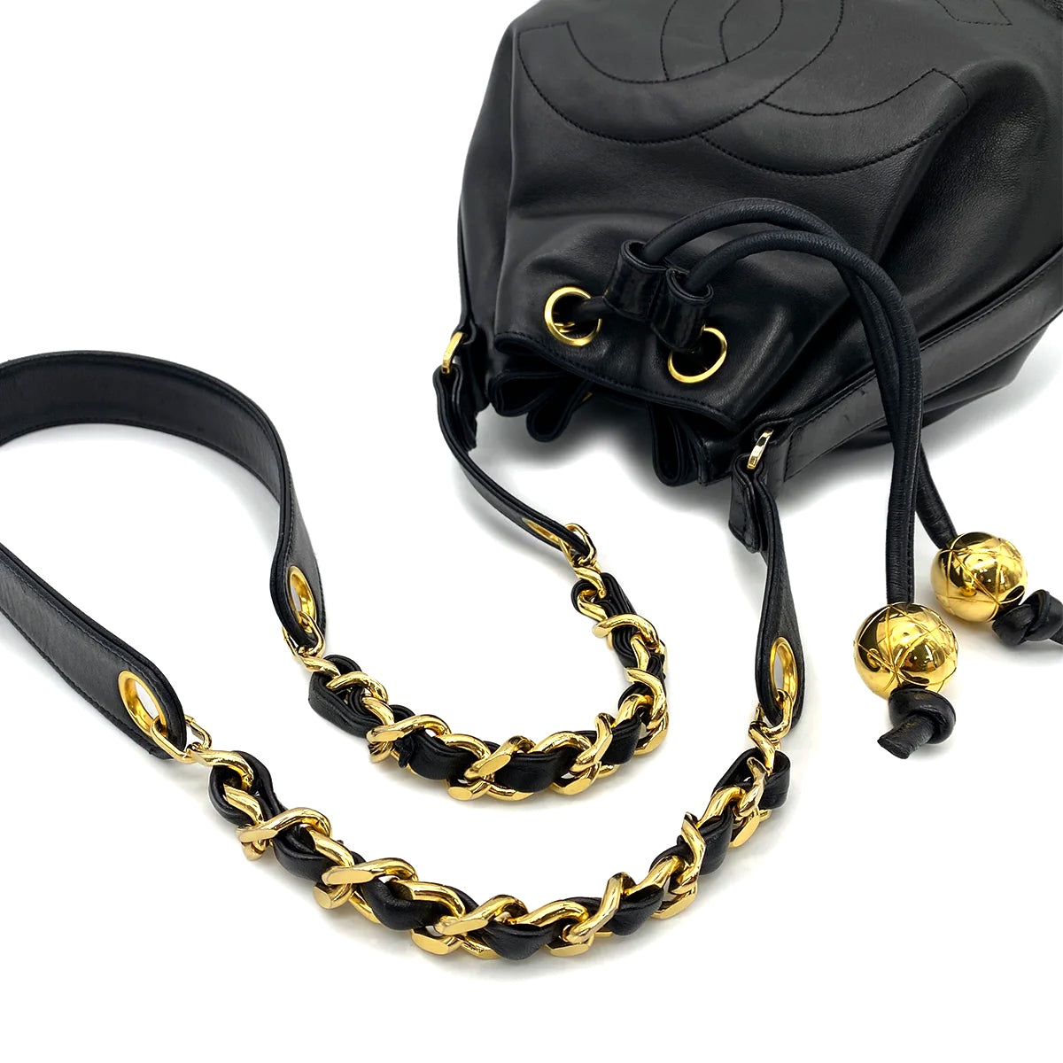 CHANEL VINTAGE DRAWSTRING CHAIN SHOULDER BAG BLACK LAMB SKIN 90263320