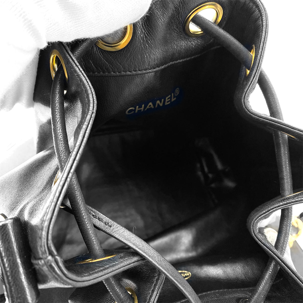 CHANEL VINTAGE DRAWSTRING CHAIN SHOULDER BAG BLACK LAMB SKIN 90263320