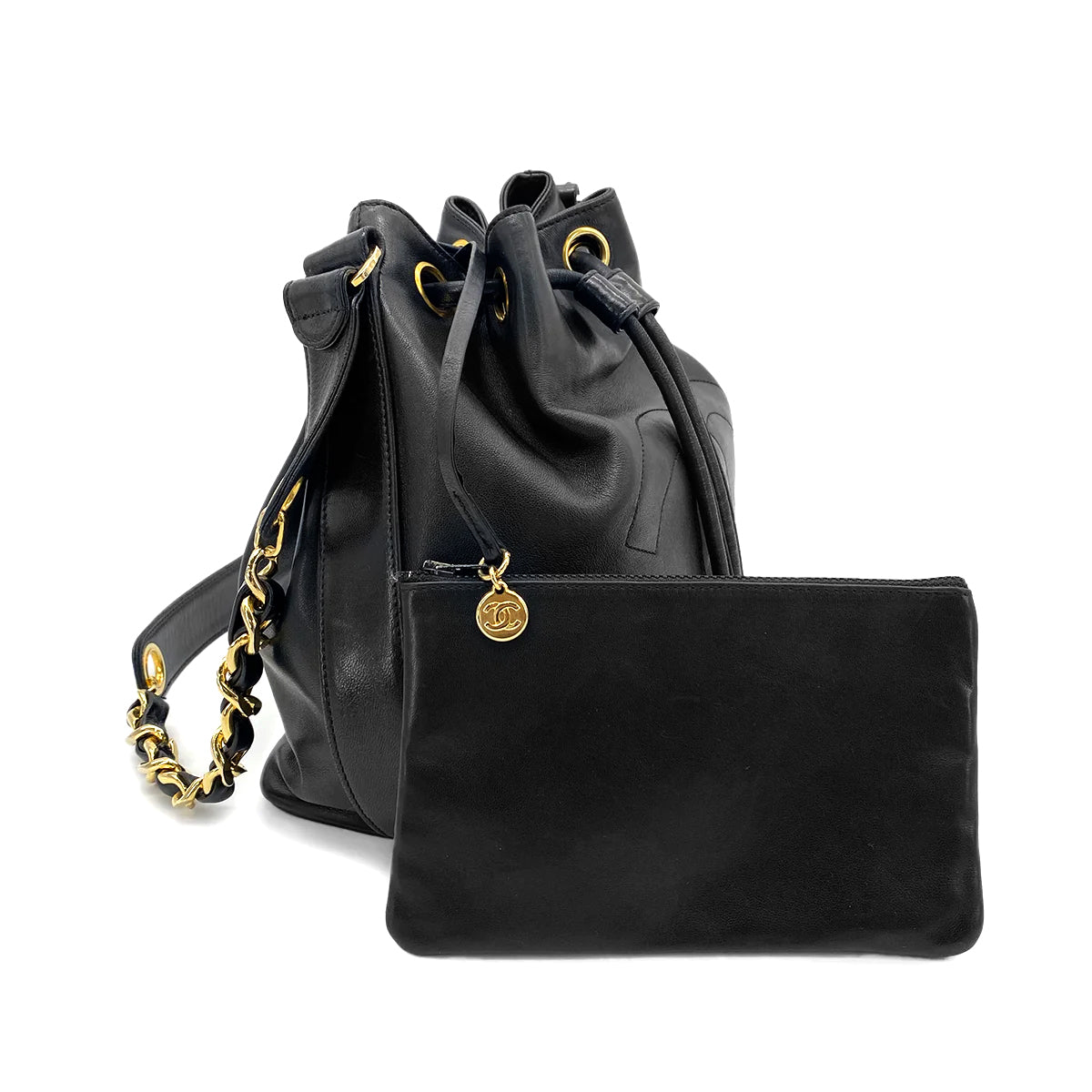 CHANEL VINTAGE DRAWSTRING CHAIN SHOULDER BAG BLACK LAMB SKIN 90263320