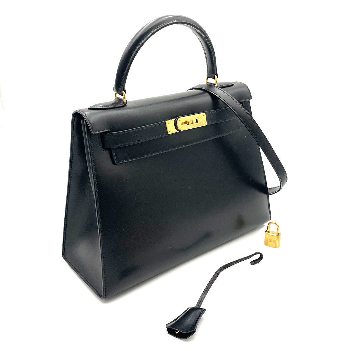 HERMES KELLY 28 SELLIER BLACK BOXCALF HAND SHOULDER BAG 〇Y 90263324