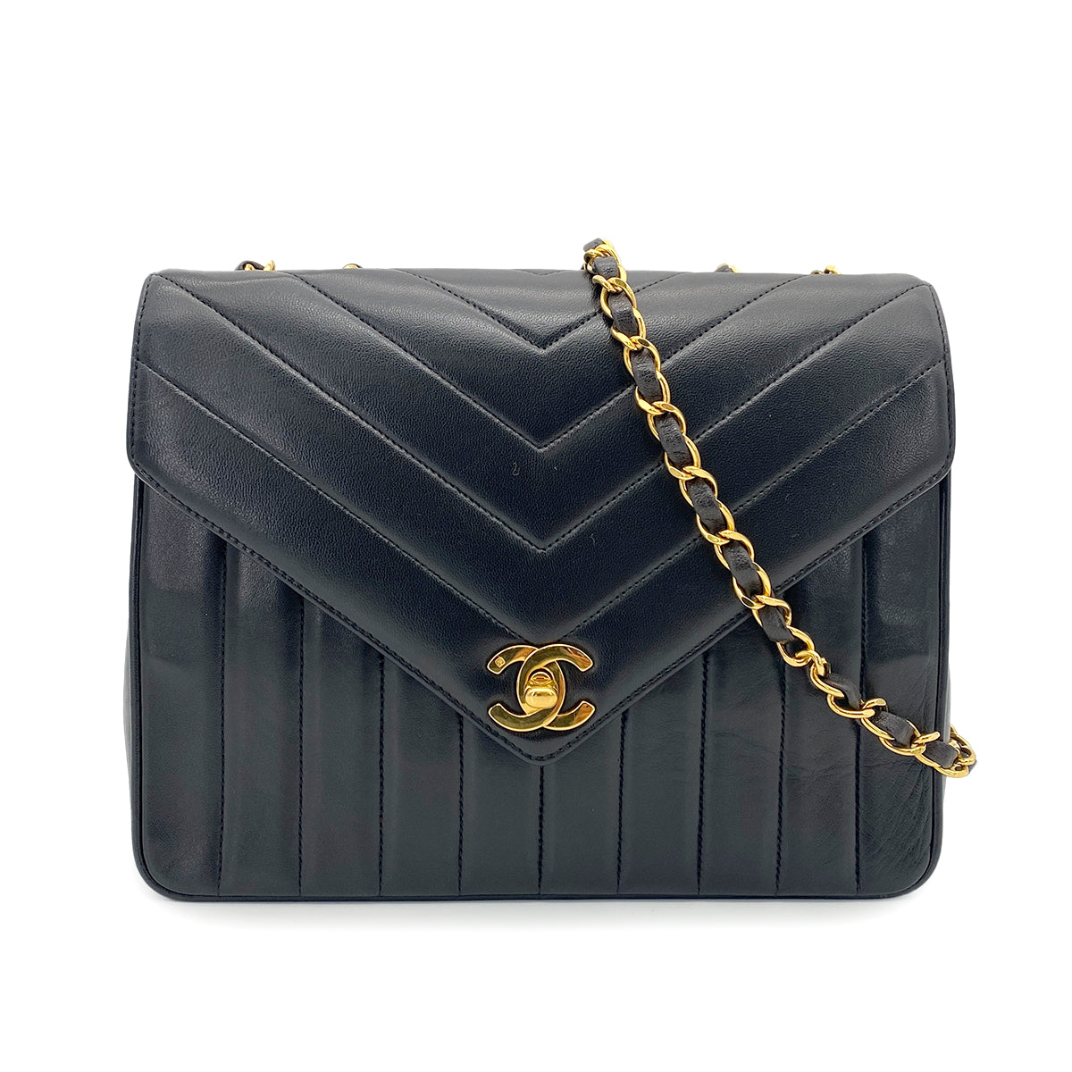 CHANEL VINTAGE CHEVRON CHAIN SHOULDER BAG BLACK LAMB SKIN 90263352
