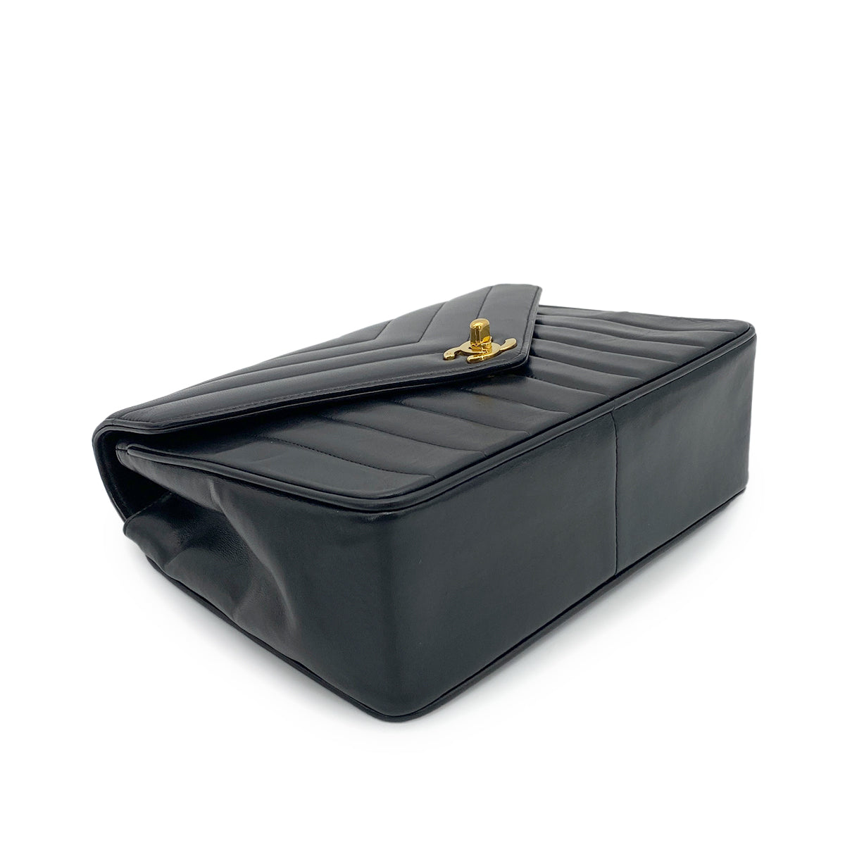 CHANEL VINTAGE CHEVRON CHAIN SHOULDER BAG BLACK LAMB SKIN 90263352