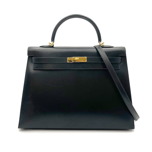HERMES KELLY 35 SELLIER BLACK BOXCALF HAND SHOULDER BAG □E 90263639