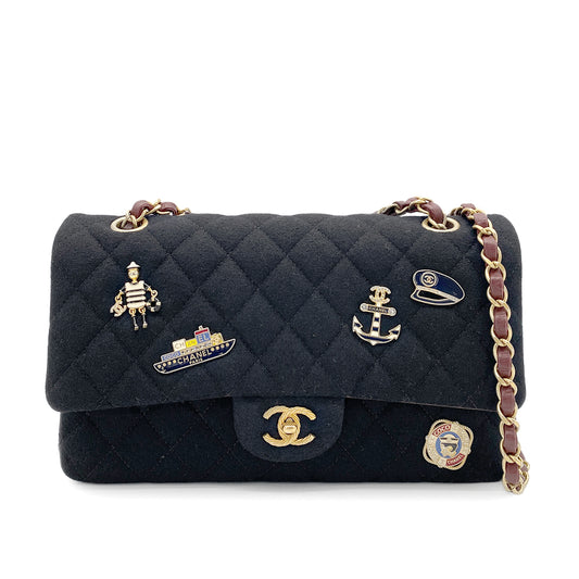 CHANEL MATELASSE CHAIN SHOULDER BAG MARINE CHARM BLACK COTTON JERSEY 90263669