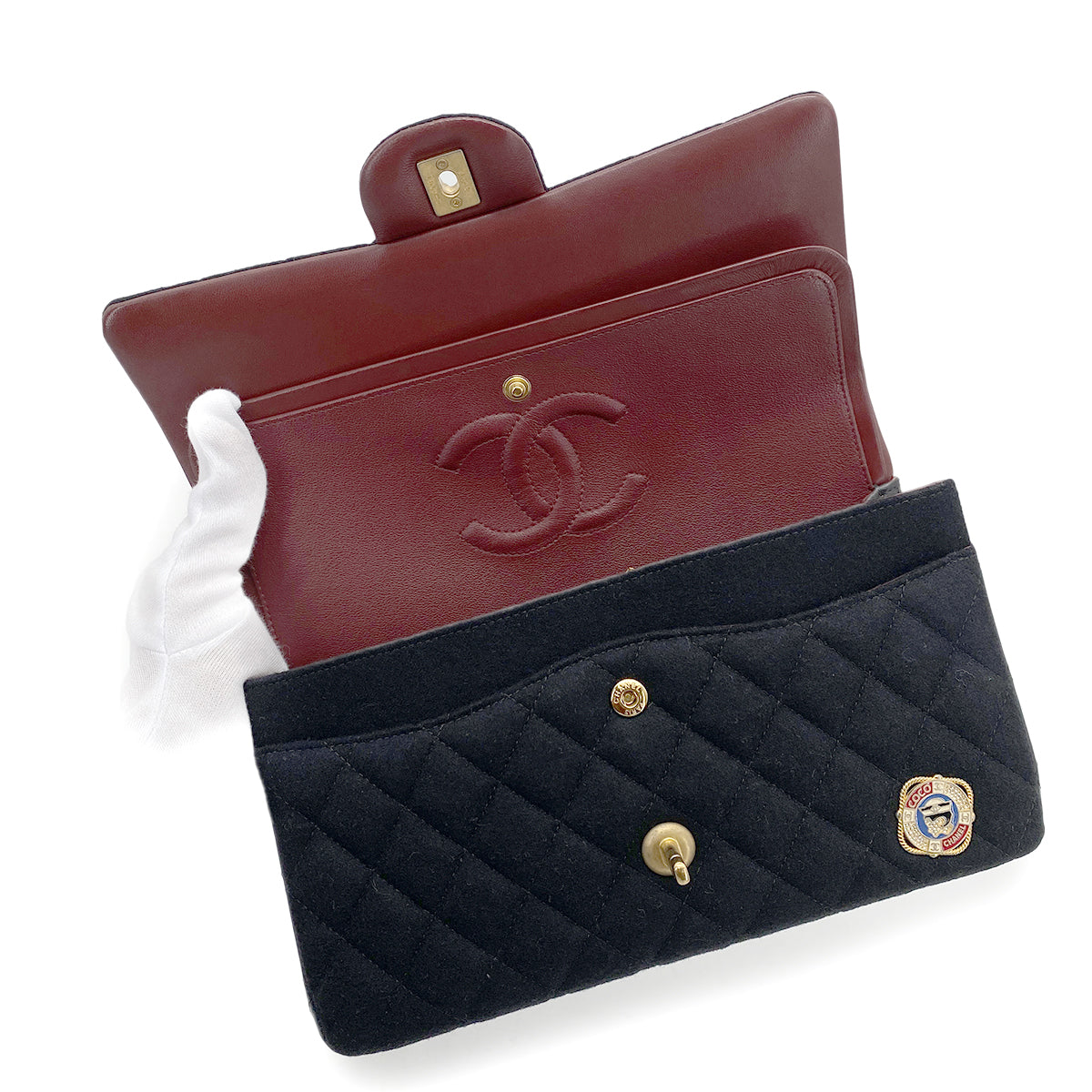CHANEL MATELASSE CHAIN SHOULDER BAG MARINE CHARM BLACK COTTON JERSEY 90263669