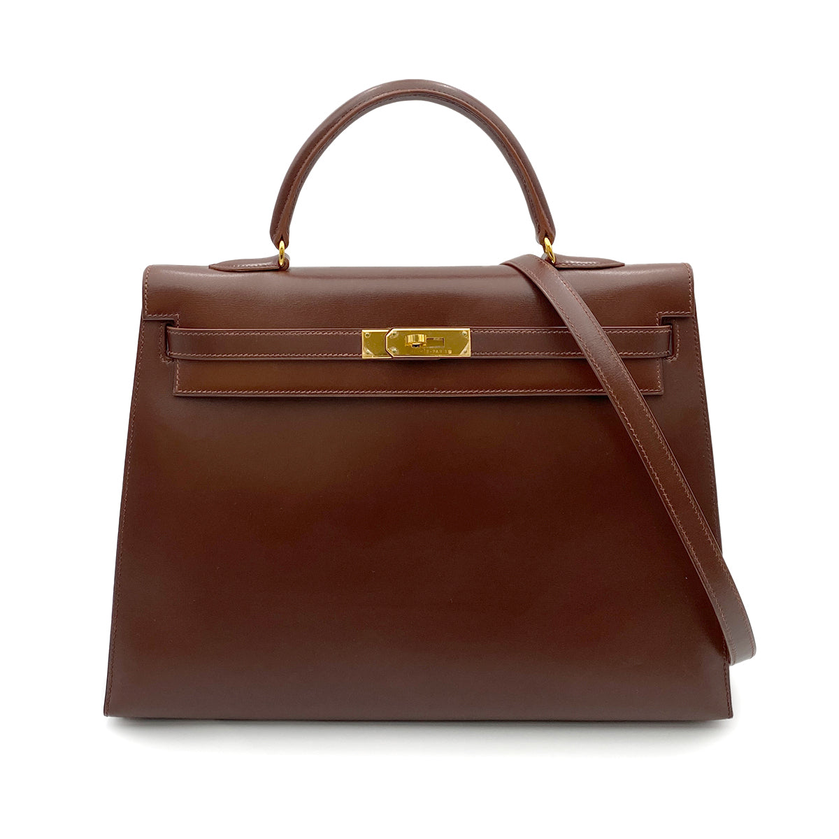 HERMES KELLY 35 SELLIER BROWN BOXCALF HAND SHOULDER BAG 90264337