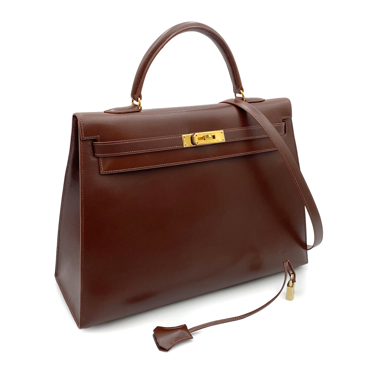 HERMES KELLY 35 SELLIER BROWN BOXCALF HAND SHOULDER BAG 90264337