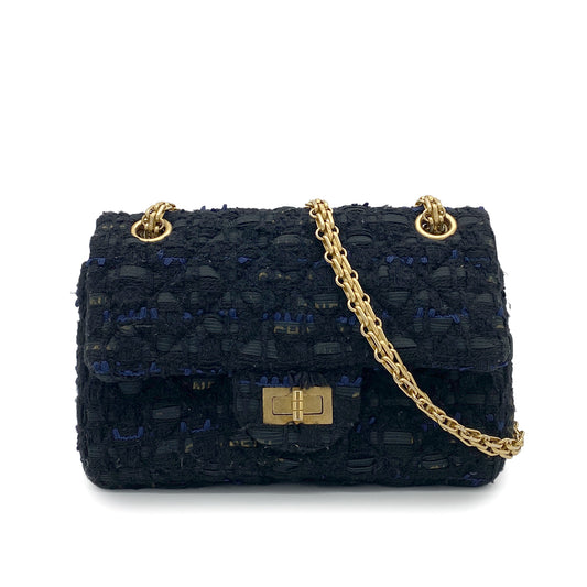CHANEL 2.55 CHAIN SHOULDER BAG BLACK TWEED 90264359