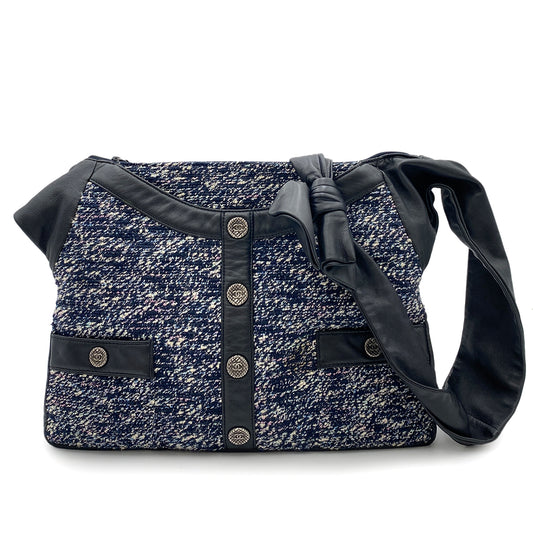 CHANEL GIRL CHANEL SHOULDER BAG NAVY TWEED LEATHER 90264366