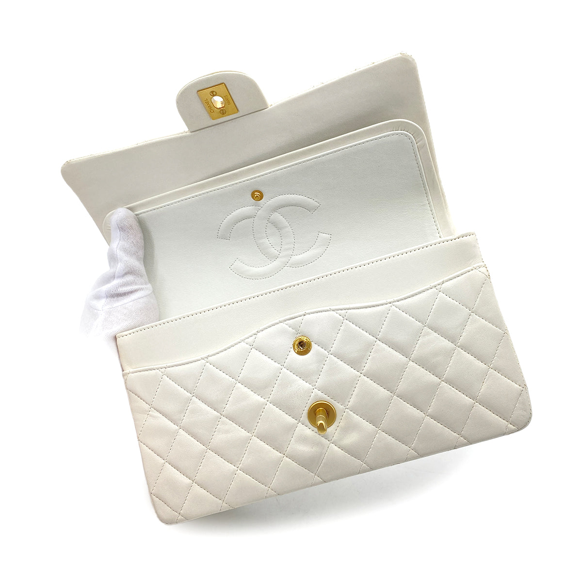 CHANEL VINTAGE CLASSIC FLAP MEDIUM CHAIN SHOULDER BAG WHITE LAMB SKIN 90264367
