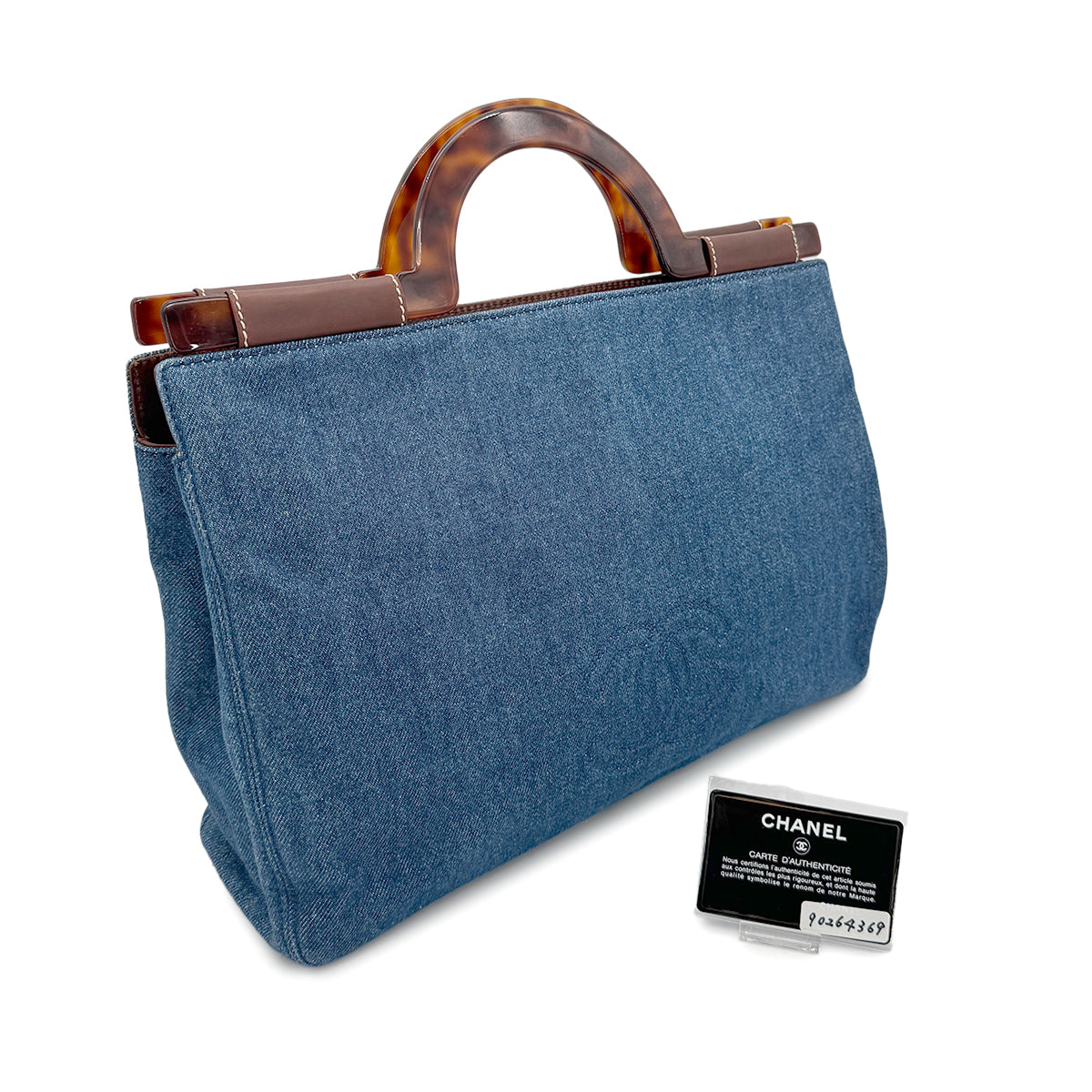 CHANEL VINTAGE TORTOISESHELL HAND BAG BLUE DENIM 90264369