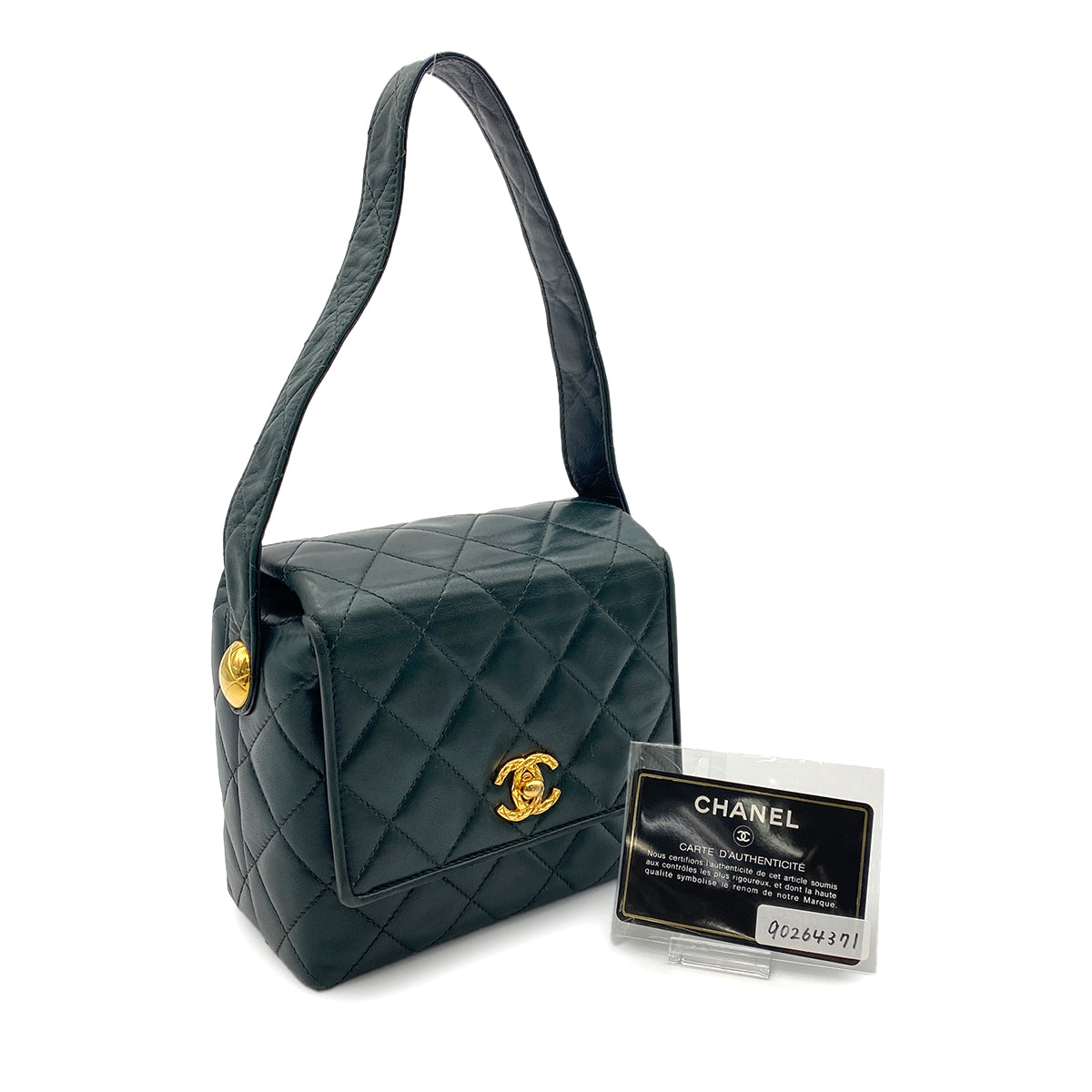 CHANEL VINTAGE MATELASSE HAND BAG DARK GREEN LAMB SKIN 90264371