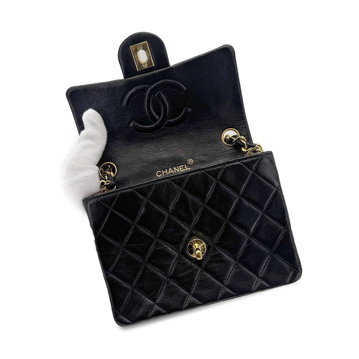 CHANEL VINTAGE MINI SQUARE 17 CHAIN SHOULDER BAG BLACK LAMB SKIN 90264375