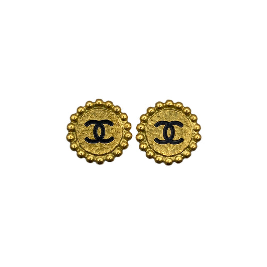 CHANEL VINTAGE EARRINGS COCOMARK ROUND GOLD BLACK ACCESSORY 95P 90264413