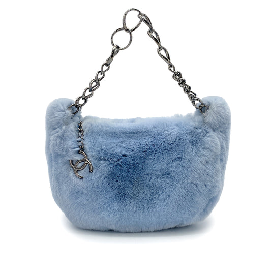 CHANEL VINTAGE CHAIN HAND BAG LIGHT BLUE RABBIT FUR 90264496