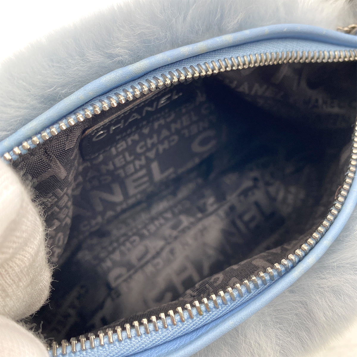CHANEL VINTAGE CHAIN HAND BAG LIGHT BLUE RABBIT FUR 90264496