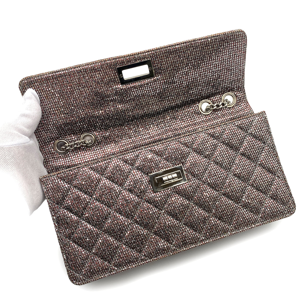 CHANEL VINTAGE 2.55 CHAIN SHOULDER BAG METALLIC SILVER RED 90264511