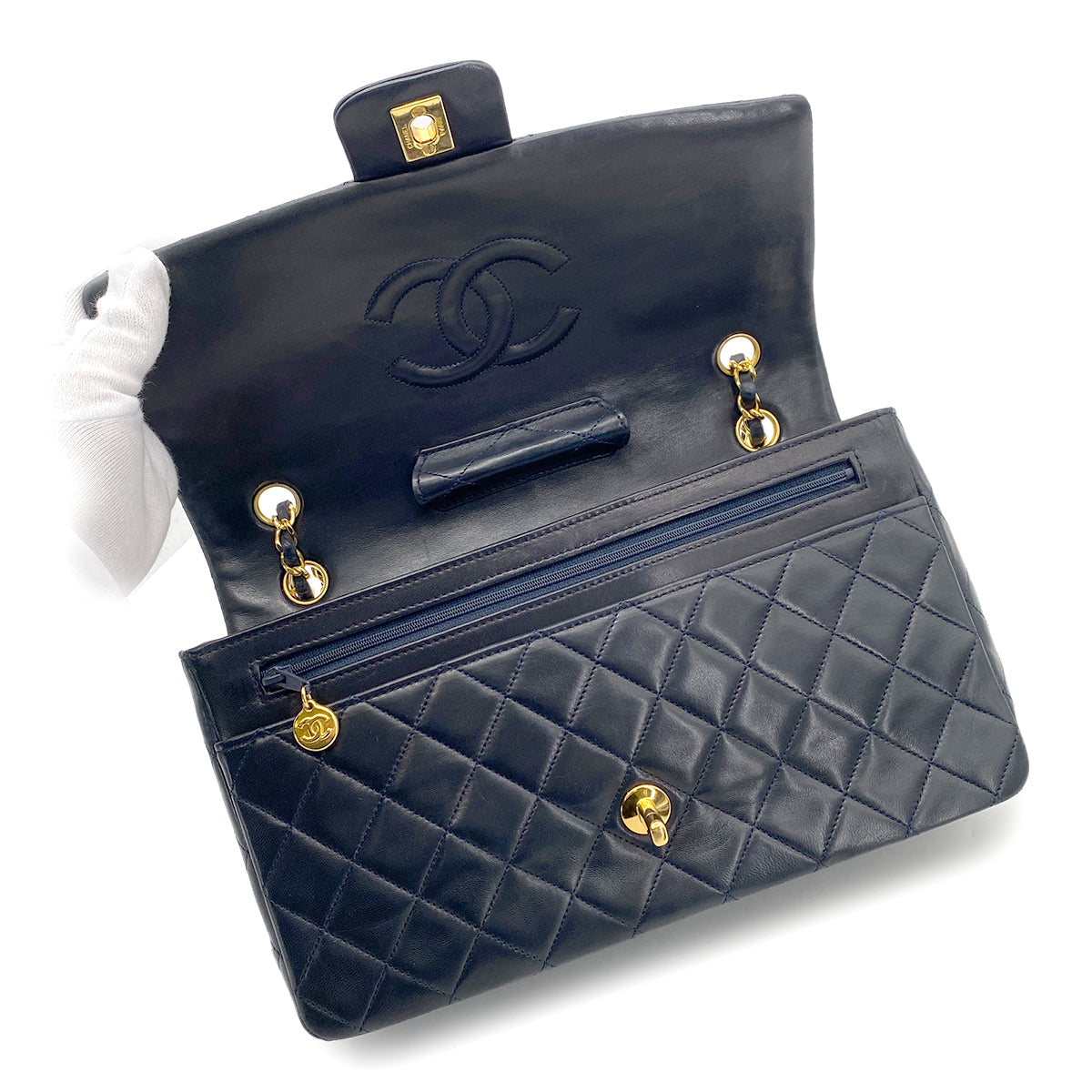 CHANEL VINTAGE MATELASSE CHAIN SHOULDER BAG NAVY LAMB SKIN 90264513