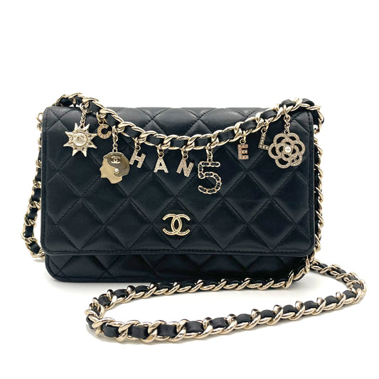 CHANEL ICON CHARM CHAIN WALLET SHOULDER BAG BLACK CALF SKIN 90264519