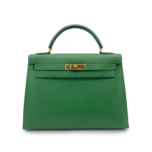 HERMES KELLY 32 SELLIER GREEN COUCHVEL HAND BAG 〇Z GHW 90264526