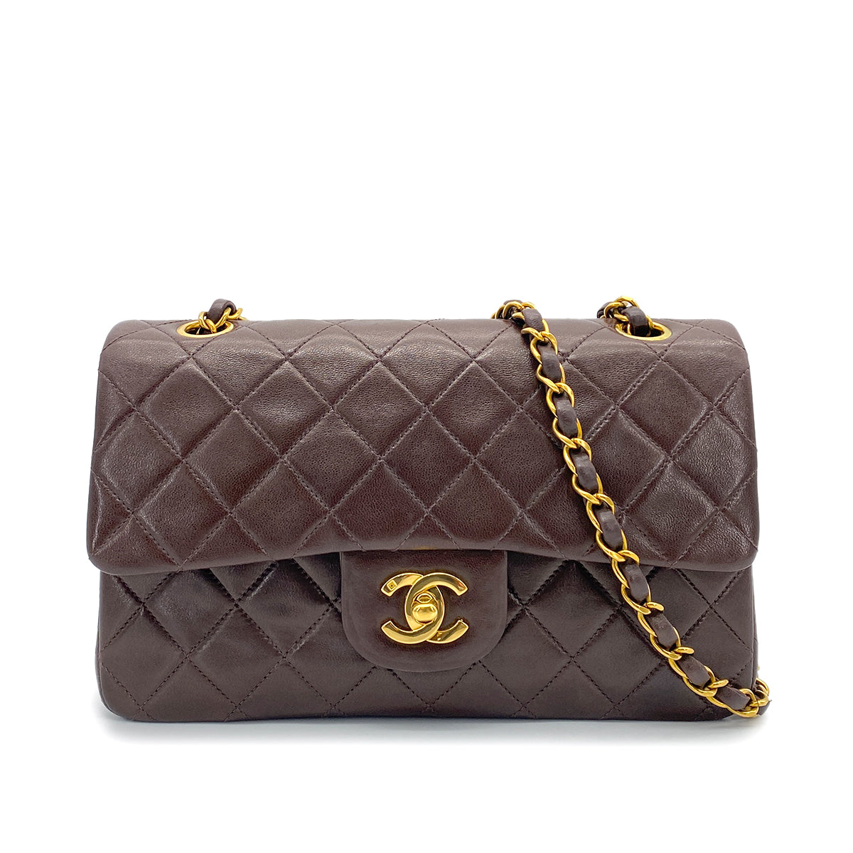CHANEL VINTAGE CLASSIC FLAP SMALL CHAIN SHOULDER BAG BROWN LAMB SKIN 90264529