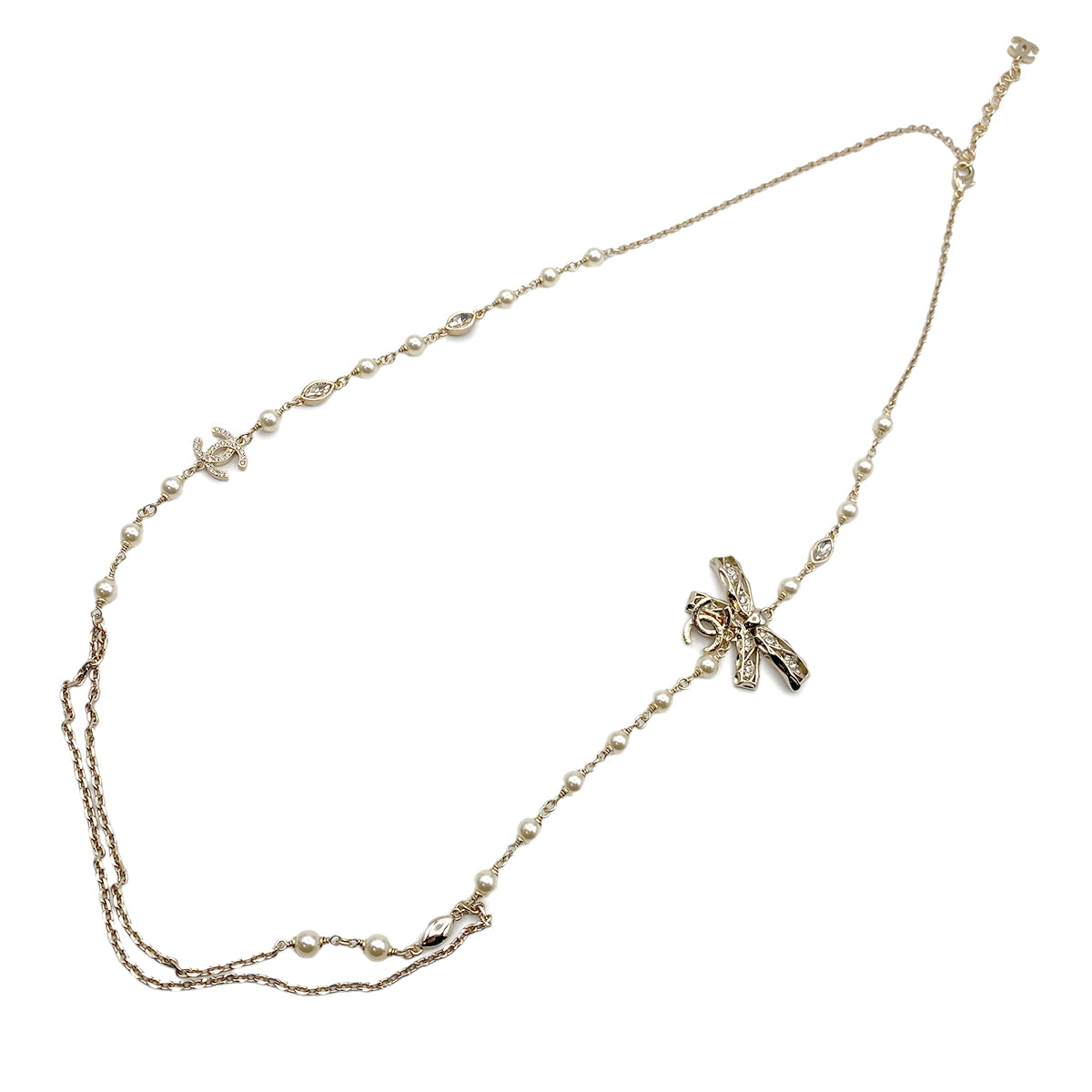 CHANEL NECKLACE COCOMARK FAUX PEARL RIBBON RHINESTONE ACCESSORY B24B 90264577