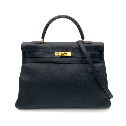 HERMES KELLY 35 RETOURNE BLACK TAURILLON CLEMENCE HAND SHOULDER BAG □A GHW 90264748