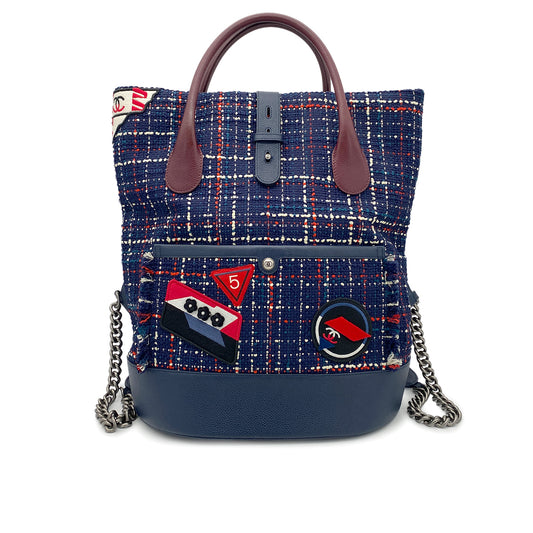 CHANEL AIRLINE CHAIN TOTE BACKPACK NAVY RED TWEED LEATHER 90264750