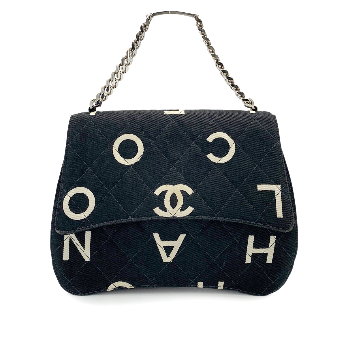 CHANEL VINTAGE LOGO PRINT CHAIN HAND BAG BLACK CANVAS 90264785