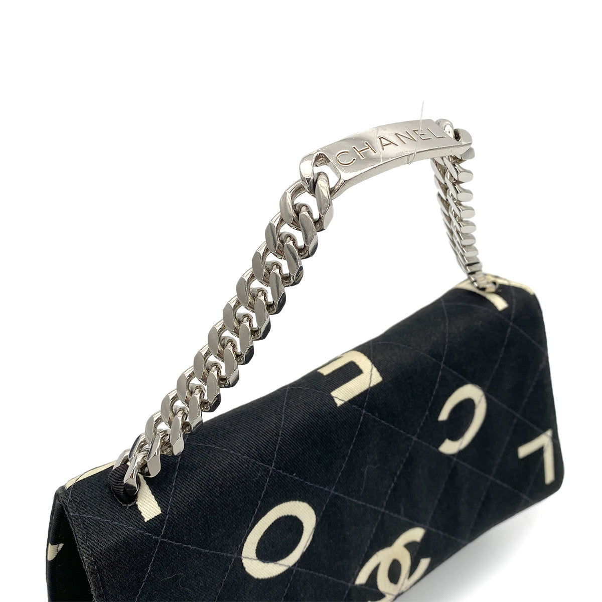CHANEL VINTAGE LOGO PRINT CHAIN HAND BAG BLACK CANVAS 90264785