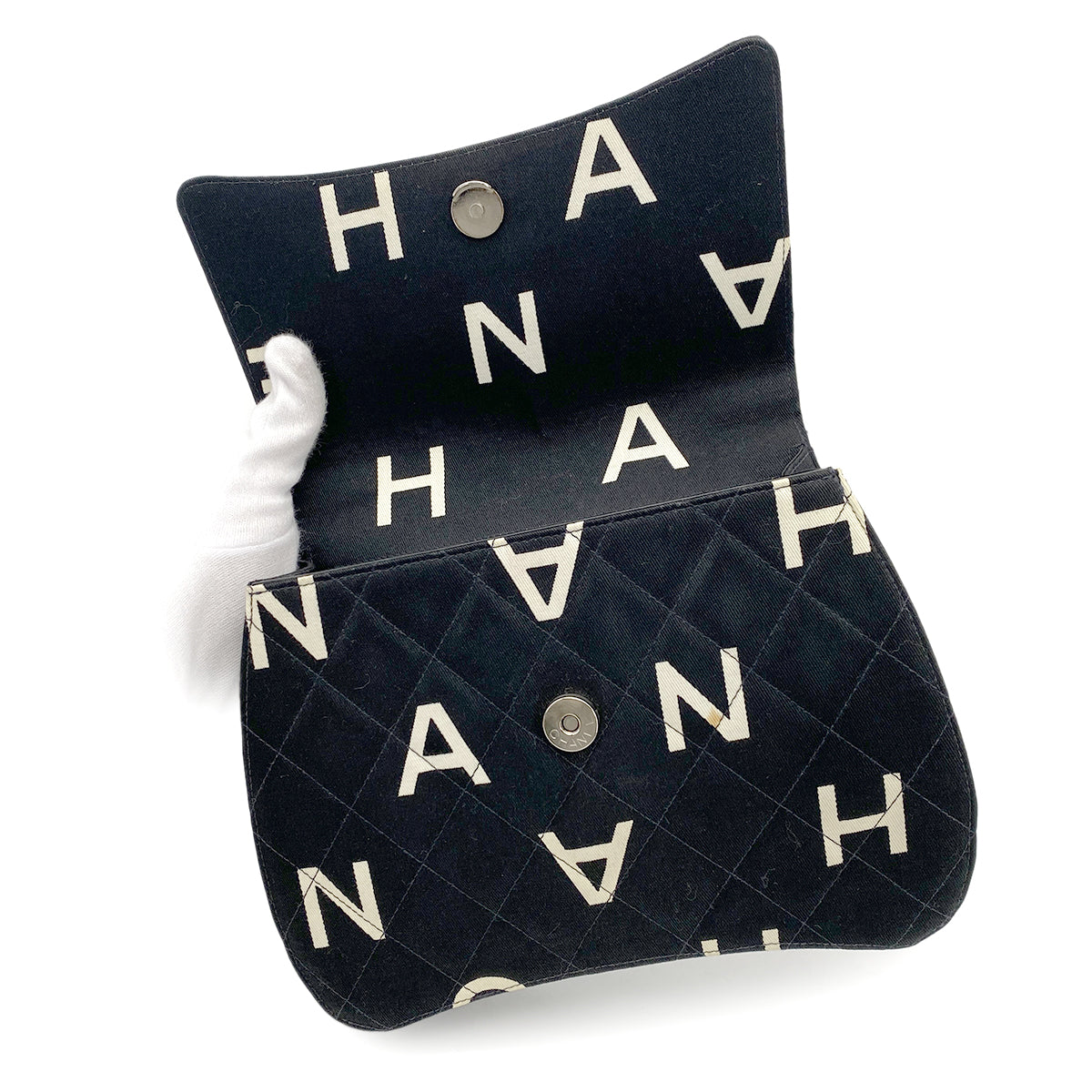 CHANEL VINTAGE LOGO PRINT CHAIN HAND BAG BLACK CANVAS 90264785