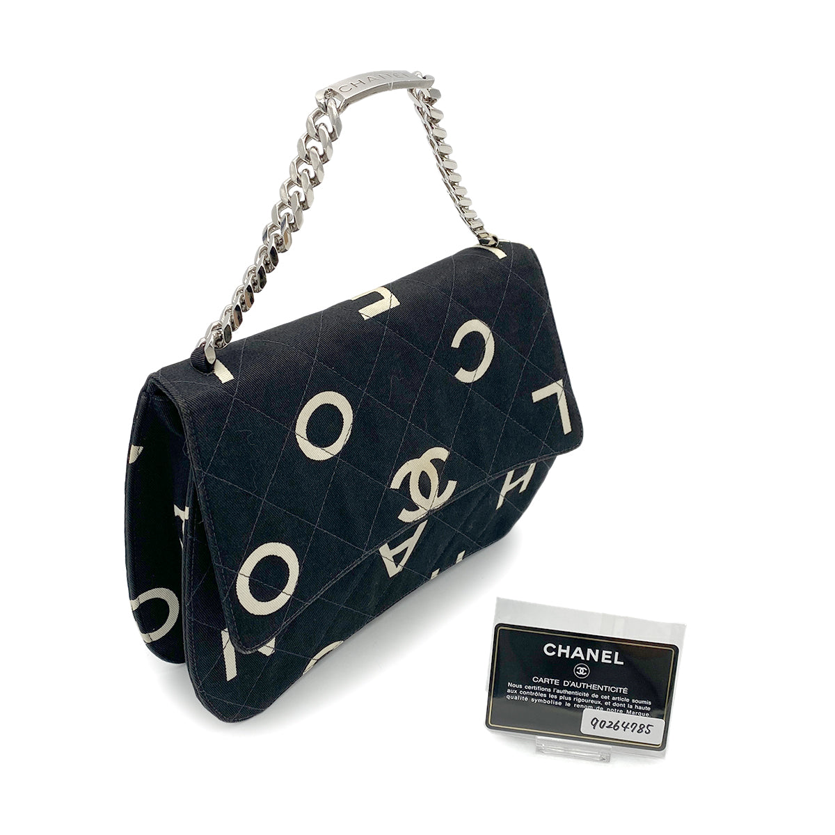 CHANEL VINTAGE LOGO PRINT CHAIN HAND BAG BLACK CANVAS 90264785