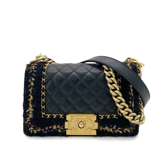 CHANEL BOY CHANEL MINI CHAIN SHOULDER BAG BLACK LEATHER TWEED 90264806