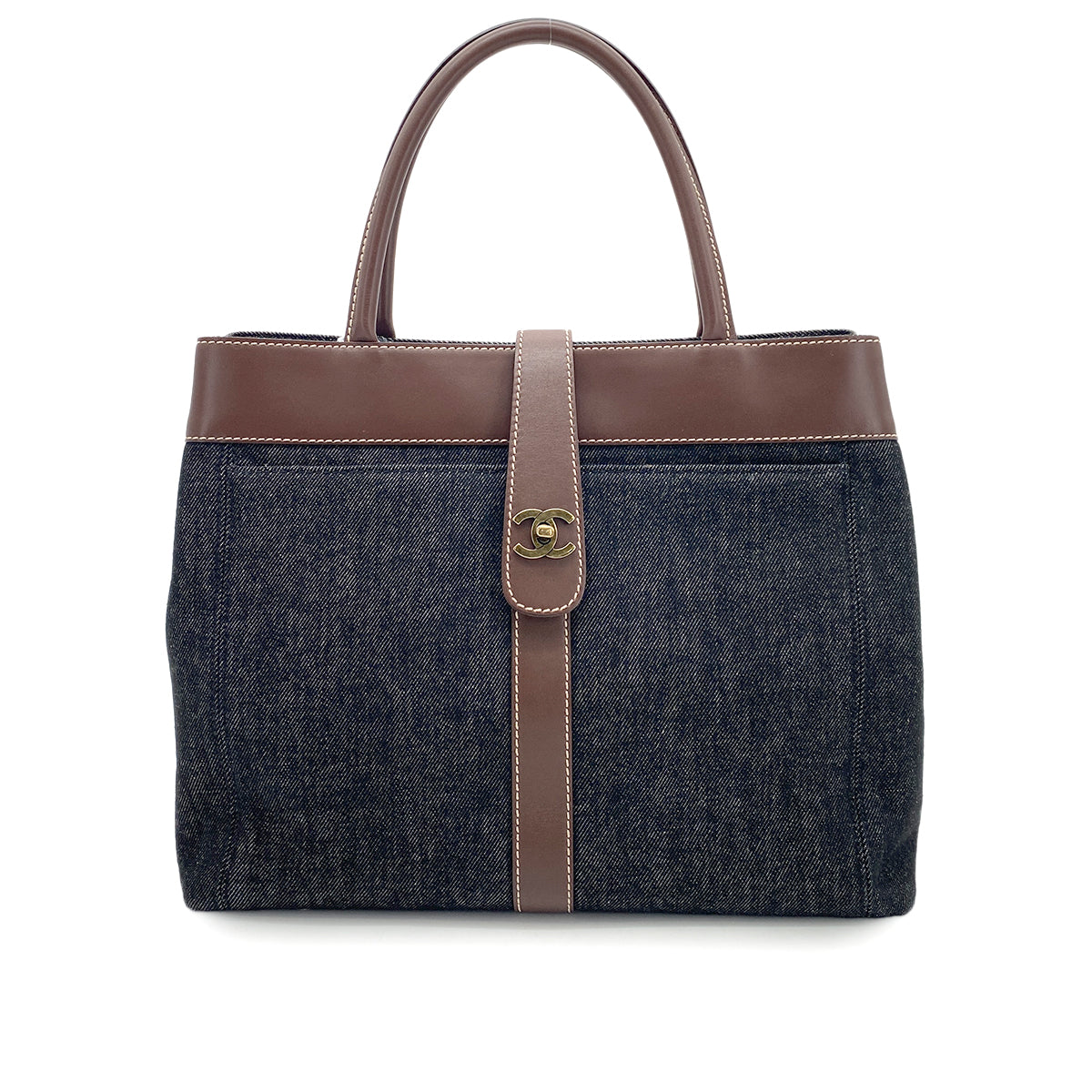 CHANEL VINTAGE TOTE BAG NAVY BROWN DENIM LEATHER 90265299