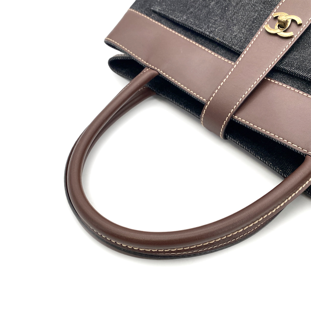 CHANEL VINTAGE TOTE BAG NAVY BROWN DENIM LEATHER 90265299